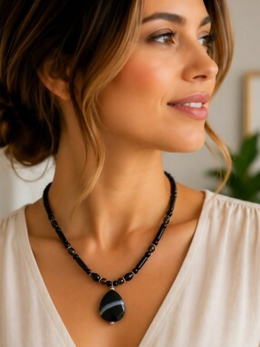 Sterling Silver 925 Black Onyx Banded Agate Pendant Necklace Faceted Gemstone‎
